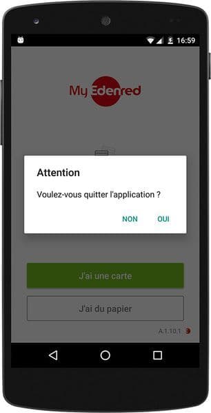 Pop-up «Voulez-vous quitter » de l'application Edenred