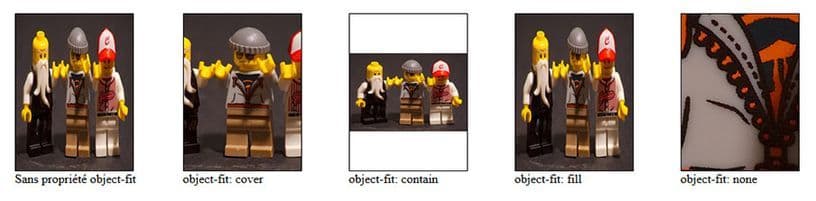 Résultat du rendu des iamges avce object-fit. Sans la propriété, avec cover,
avec contain, avec fill et avec none