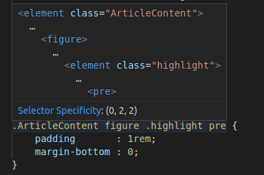 creenshot de VsCode avec l'affichage, au survol d'un sélecteur, du rendu HTML et
de la spécificité