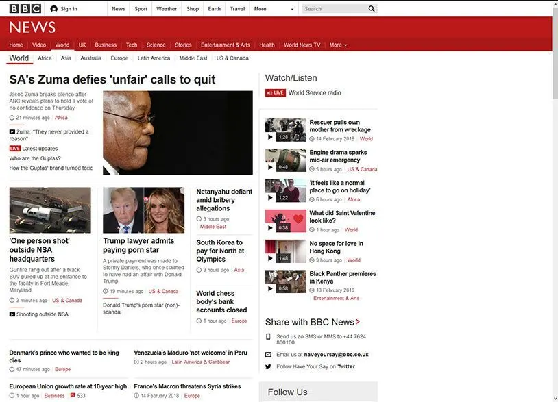 Le site de la BBC. A gauche, les informations principales et à droite, une
colonne avec des encarts d'articles secondaires.