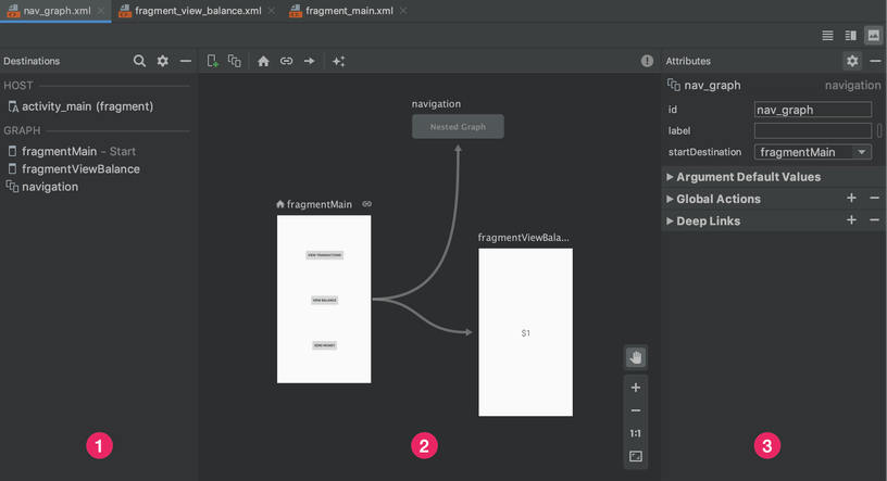 Screenshot d'android studio sur l'édietru de graphe. On y voit deux fragments
reliés l'un à l'autre ainsi que le panneau d'option pour configurer la transition entre eux.