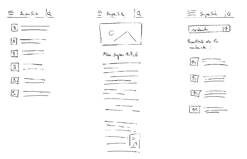 Scan de prototype papier pour application mobile. 3 écrans visibles : la home
avec une liste, un item détaillé, une page de recherche