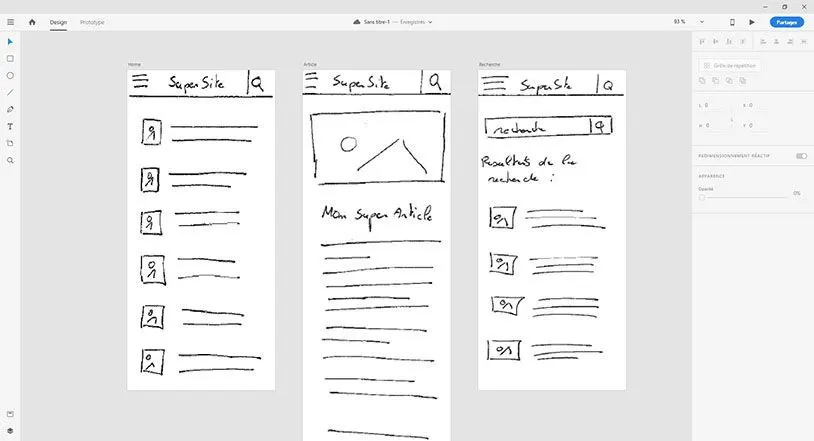 Capture d'écran d'Adobe Xd avec prototypes papiers. Chaque plan de
travail est couvert par l'un des écrans papier