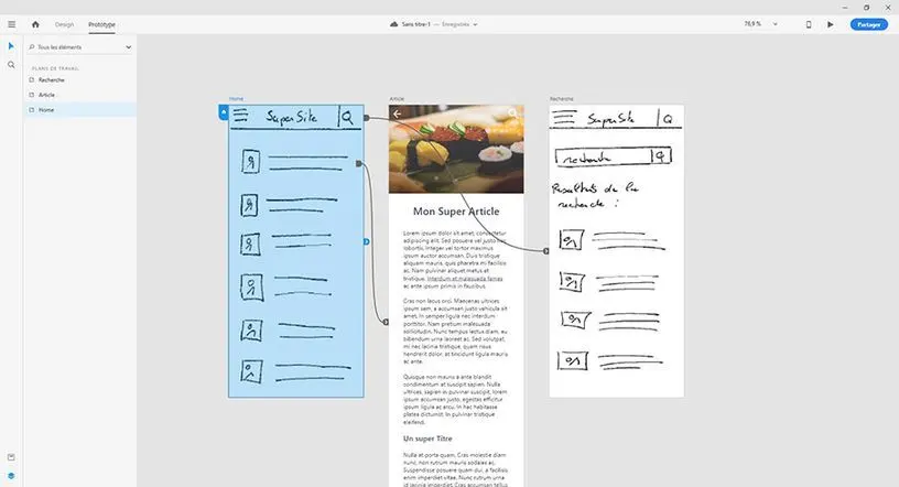 Capture d'écran d'Adobe Xd. Le second écran a été remplacé
par une version plus haute fidélité (vraie image, Lorem Ipsum, etc.) que la version papier. Les autres écrans restent en
papier.