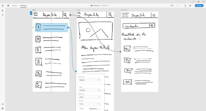Capture d'écran d'Adobe Xd en mode prototypage. On voit des liens
entre le premier écran et les écrans suivants.